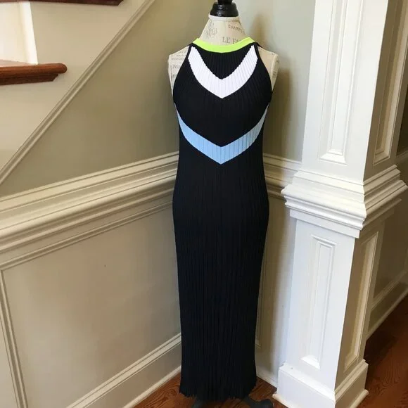 NEW Versace Pleated Maxi Gown Dress Womens 38 Small Navy Blue Halter Sleeveless